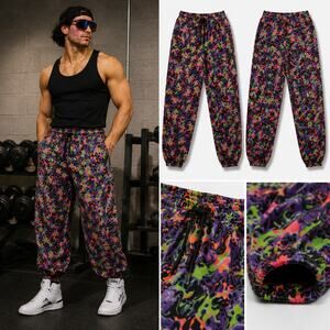 Vintage 90s Colorful Muscle Gym Pants Size XL Neon Abstract Print Beach